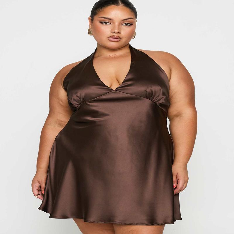 Pelagia Halter Scarf Tie Mini Dress Brown Curve