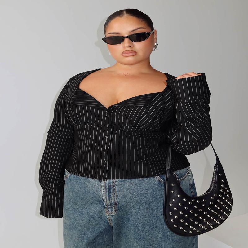 Set For Life Foldover Detail Long Sleeve Top Black / White Pinstripe Curve