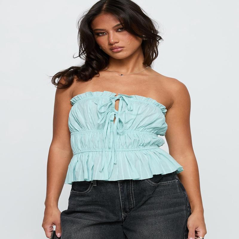 Sombre Tie Detail Strapless Top Blue