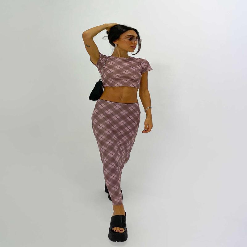 Motel Lassie Midi Skirt Pink Blurred Check