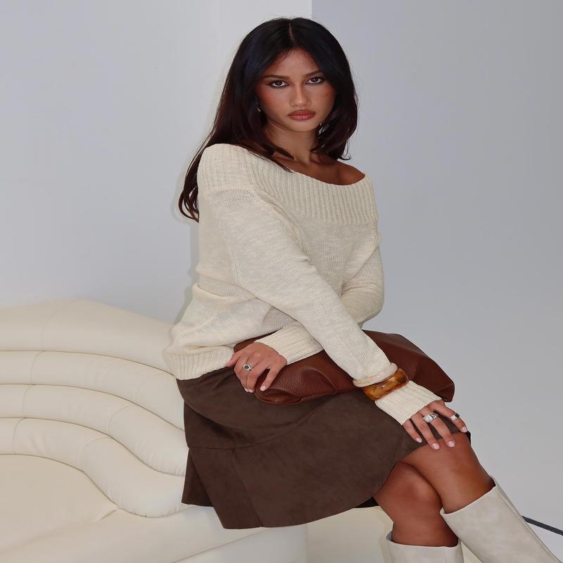 Alyxandra Off Shoulder Knit Sweater Beige