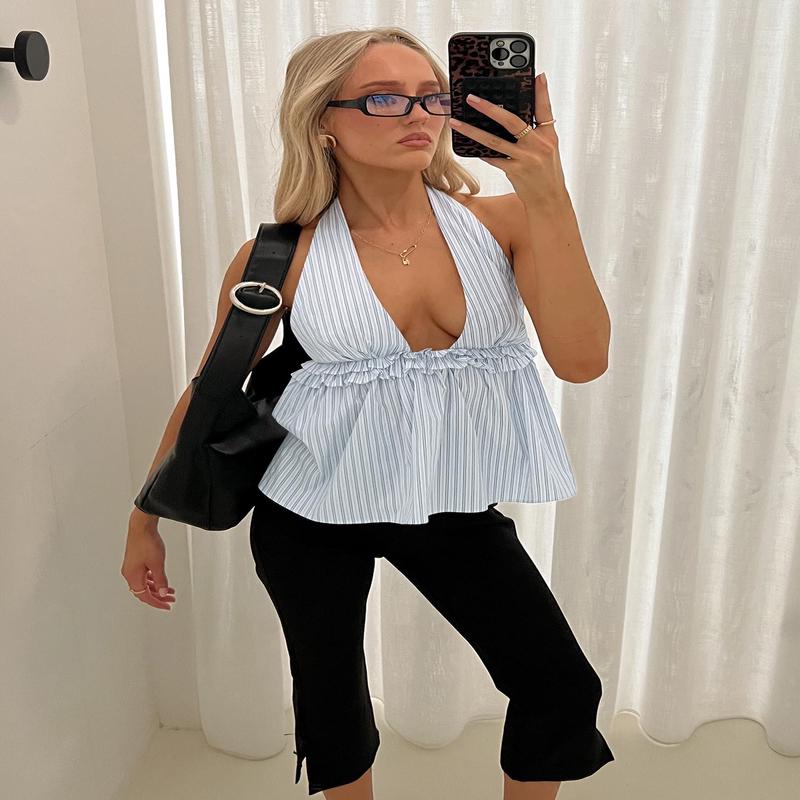 Nautique Halter Ruched Top Blue Stripe