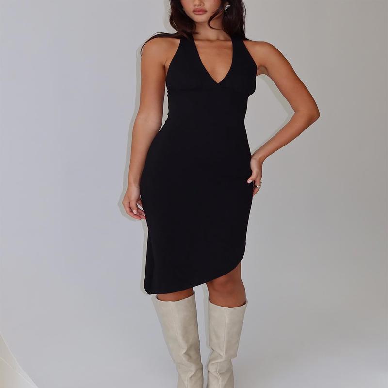 Whimsy Asymmetrical Midi Dress Black