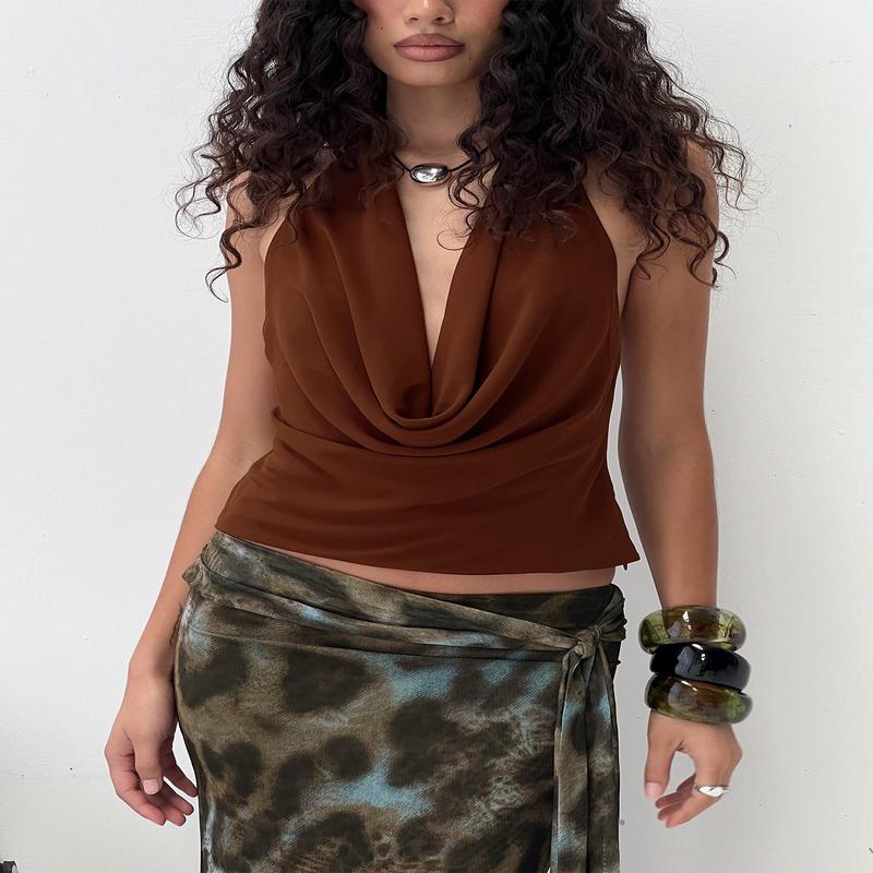 Annina Plunge Neck Backless Halter Top Chocolate