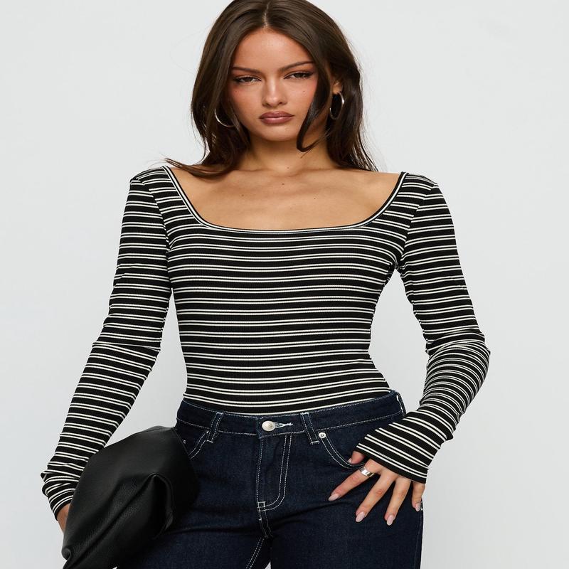 Donica Square Neck Long Sleeve Bodysuit Grey Stripe