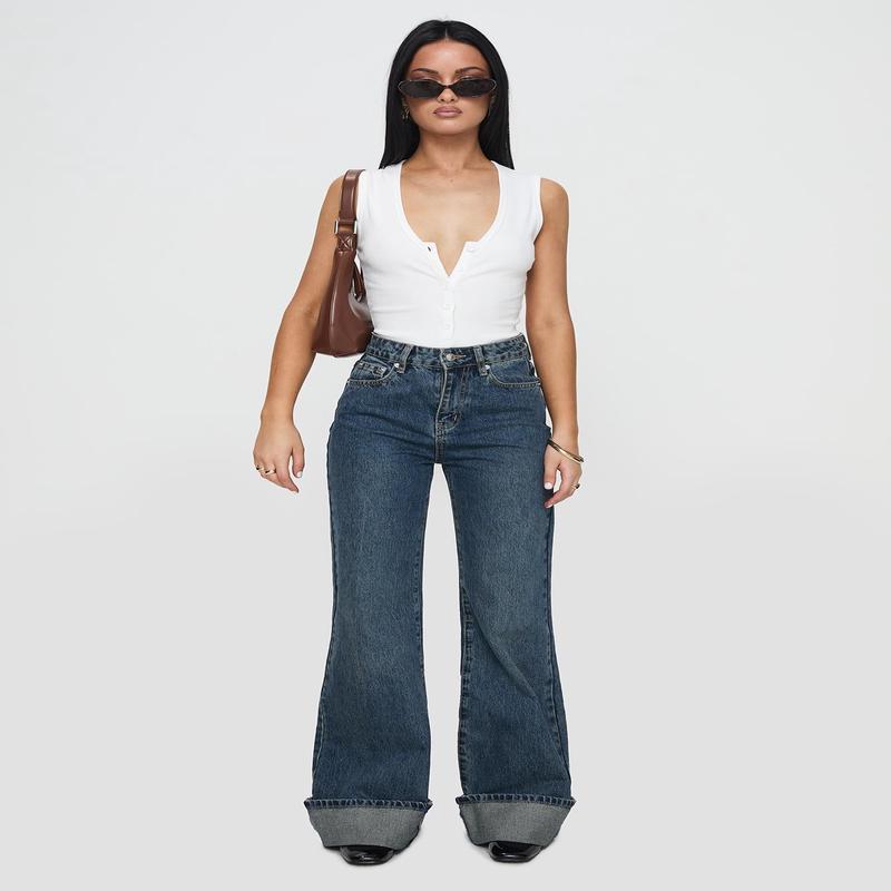 Florida Keys Mid Rise Straight Leg Cuffed Jeans Mid Blue
