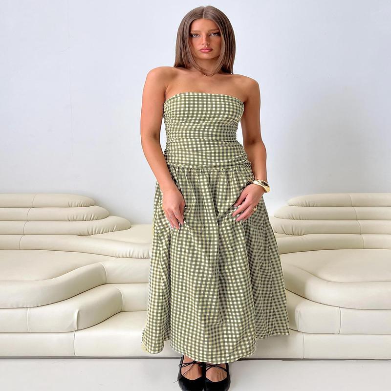 Frankey Strapless Drop Waist Maxi Dress Green Check