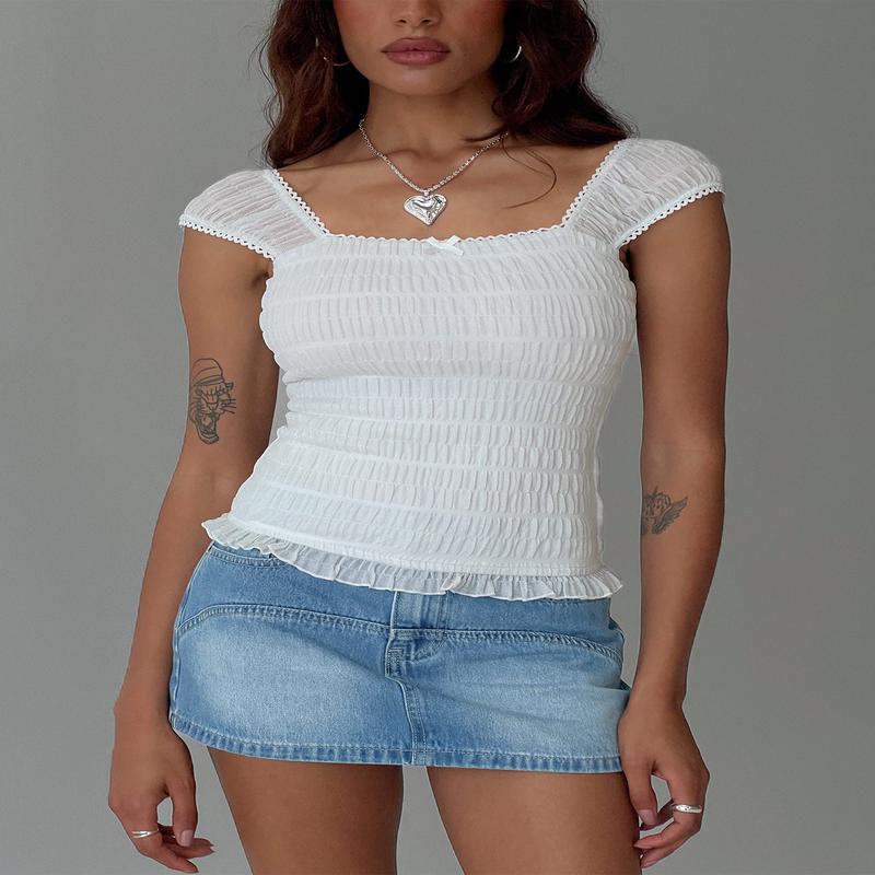 Honeymooner Cap Sleeve Frill Top White