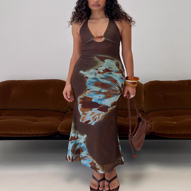Maritsa Halter Beaded Maxi Dress Brown Floral