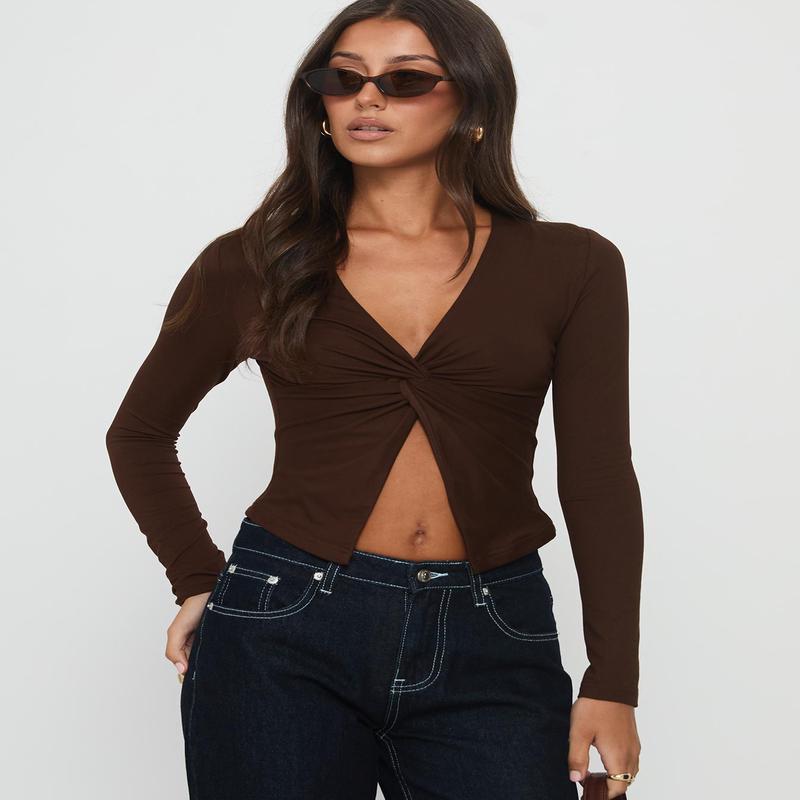 No Hard Feelings Twist Long Sleeve Top Brown