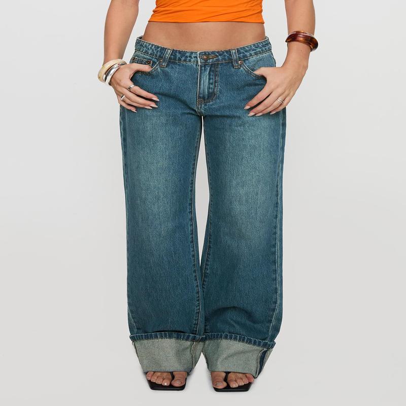 Toros Mid Rise Wide Leg Foldover Denim Jeans Mid Blue