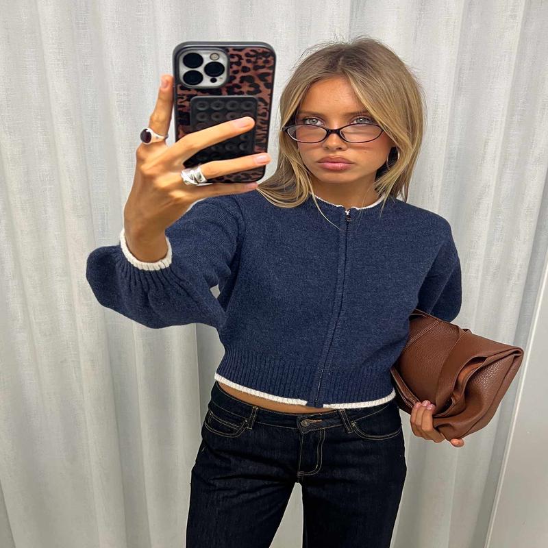 Amandi Zip Through Knit Jumper Navy / Cream