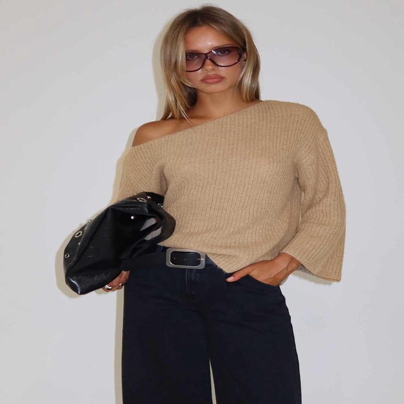 Delyn Off Shoulder Slouchy Knit Sweater Camel