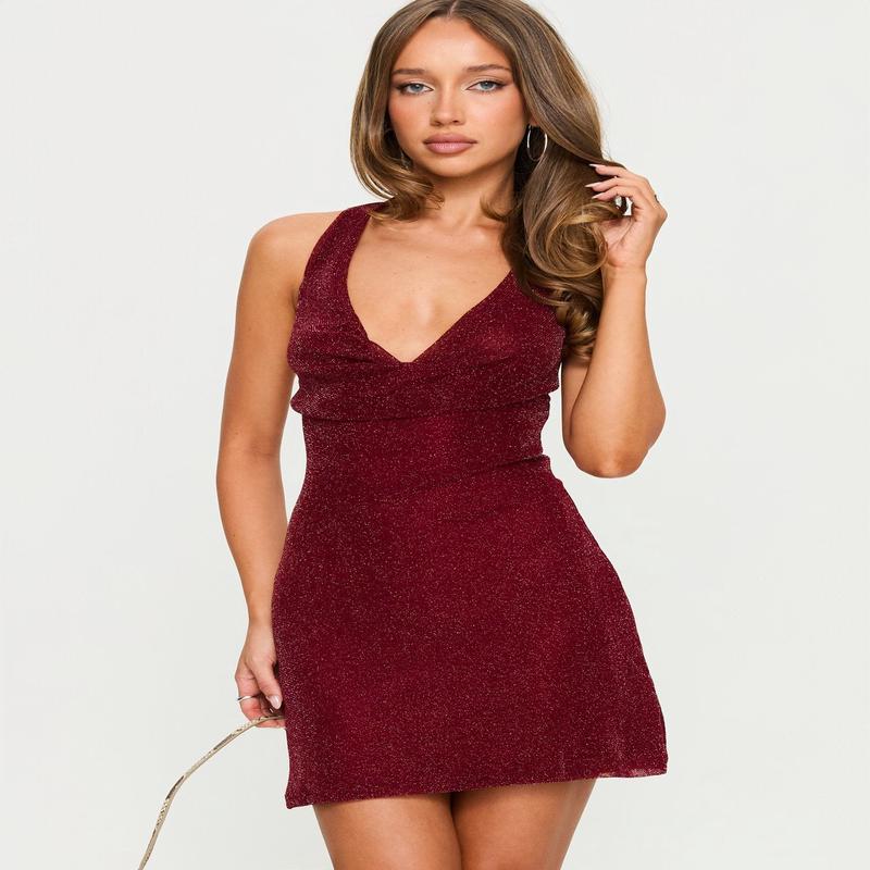 Hypnotise Ruched Halter Mini Dress Burgundy Shimmer