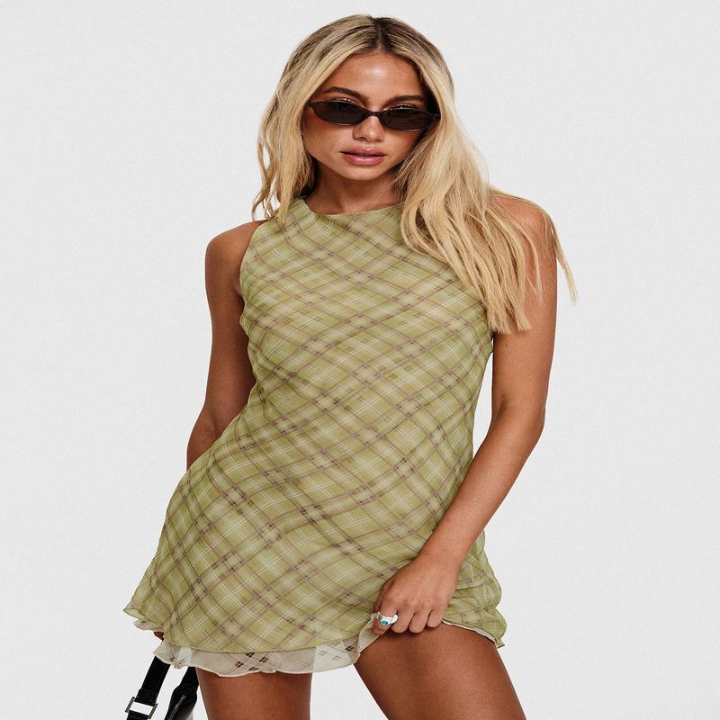 Buffie Shoulder Mini Dress Green Check