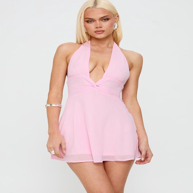 Good Luck Babe Halter Mini Dress Pink