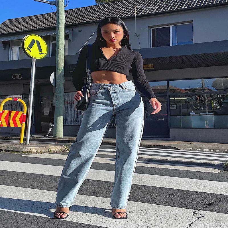 Holly Asymmetric Straight Leg Jean Light Wash Denim Petite