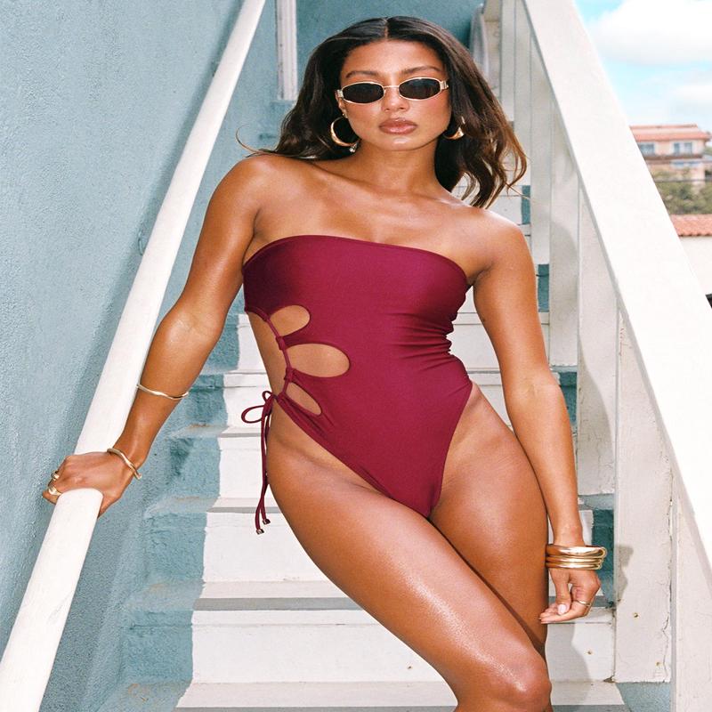 Kosaia Keyhole Tie Side One Piece Burgundy