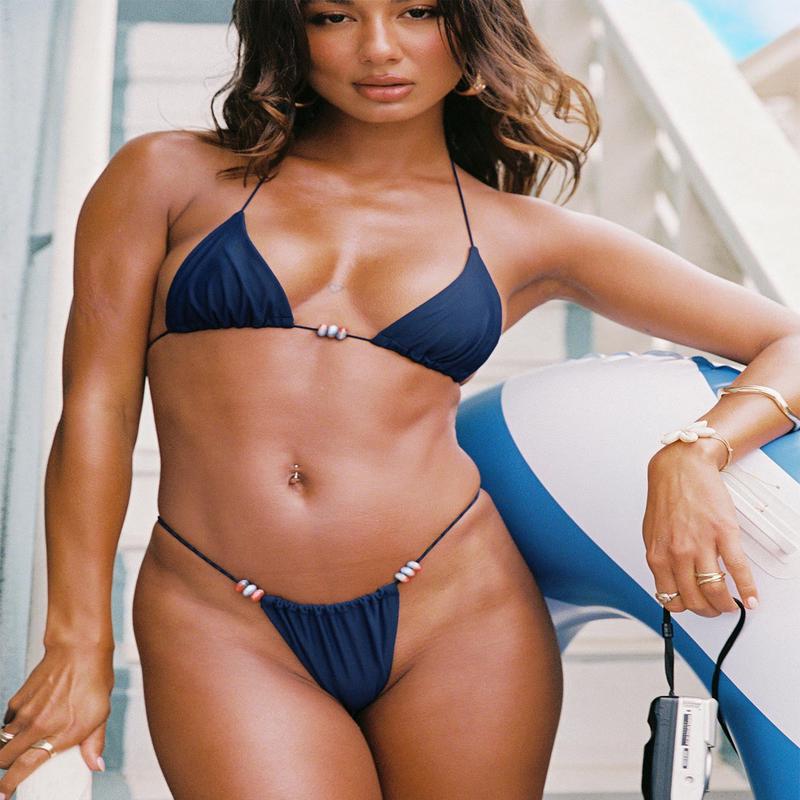 Selbie Beaded String Bikini Bottom Navy