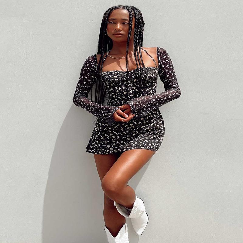 Dyer Sheer Sleeve Mini Dress Black Floral