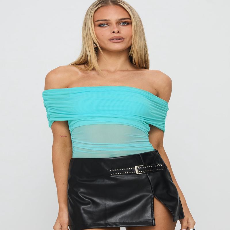 Dreamscapes Off Shoulder Mesh Bodysuit Blue