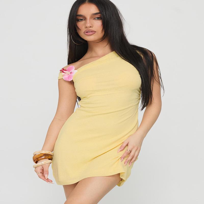 Flowers Grow One Shoulder Mini Dress Lemon