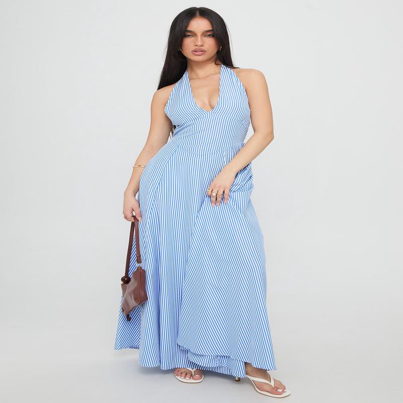 Ivie Halter Plunge Maxi Dress Blue Stripe