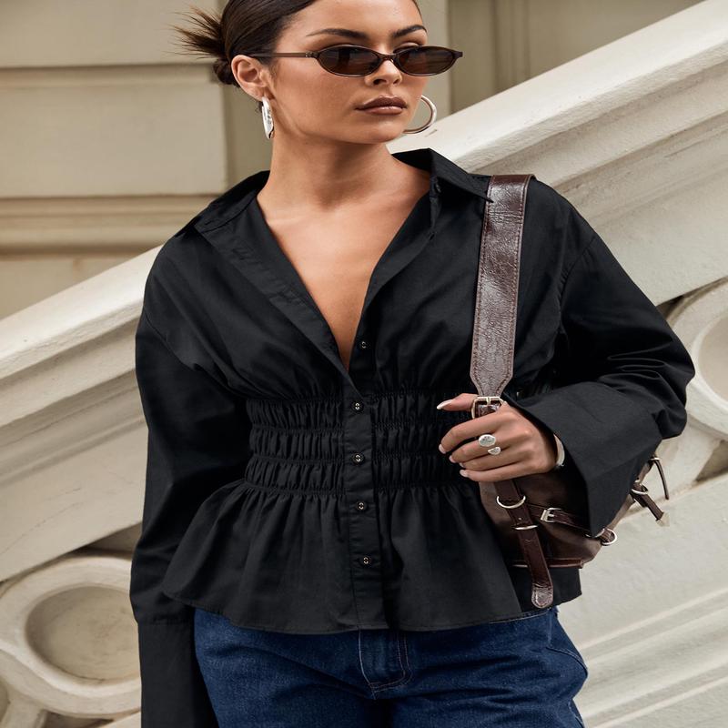 As You Are Shirred Button Up Top Black