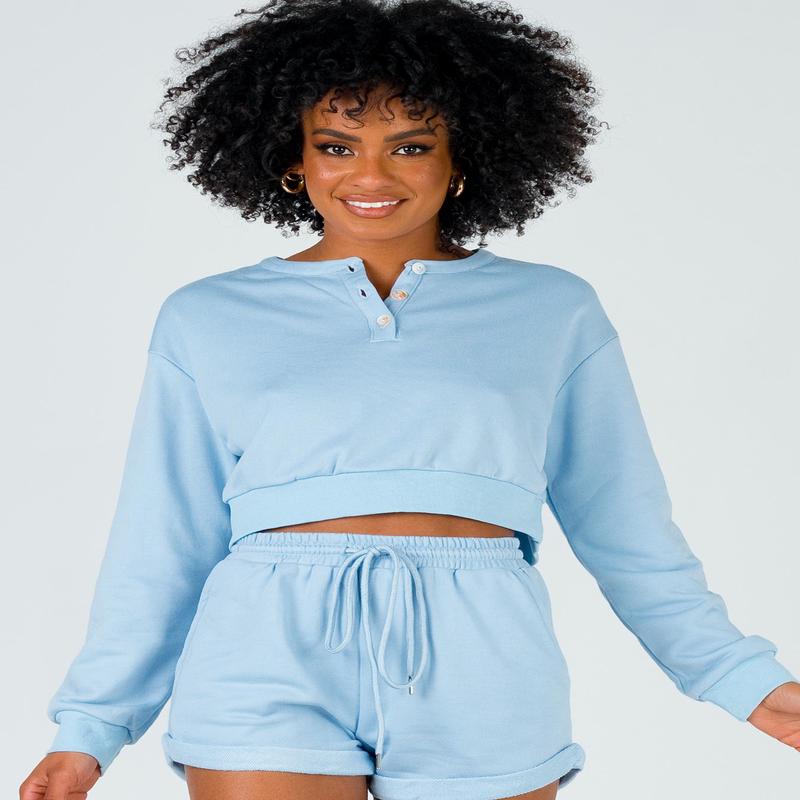 Rise & Lounge Cropped Henley Sweatshirt Blue