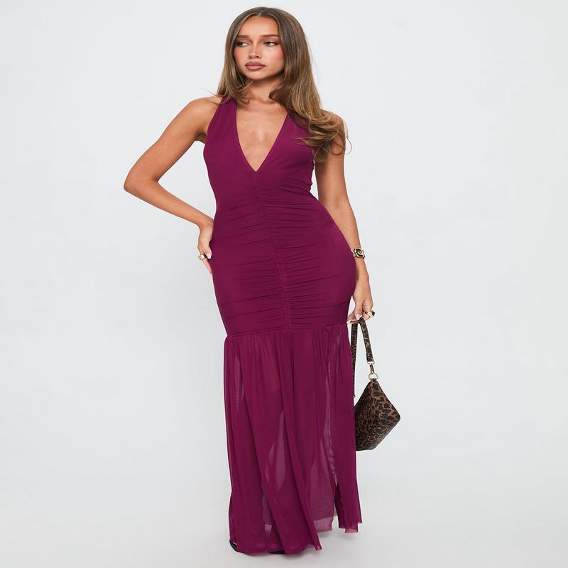 Jailyne Halter Plunge Maxi Dress Plum