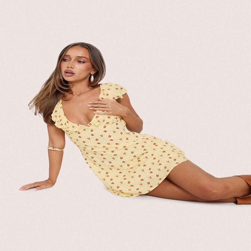 Just Me And You Frill Mini Dress Yellow Floral