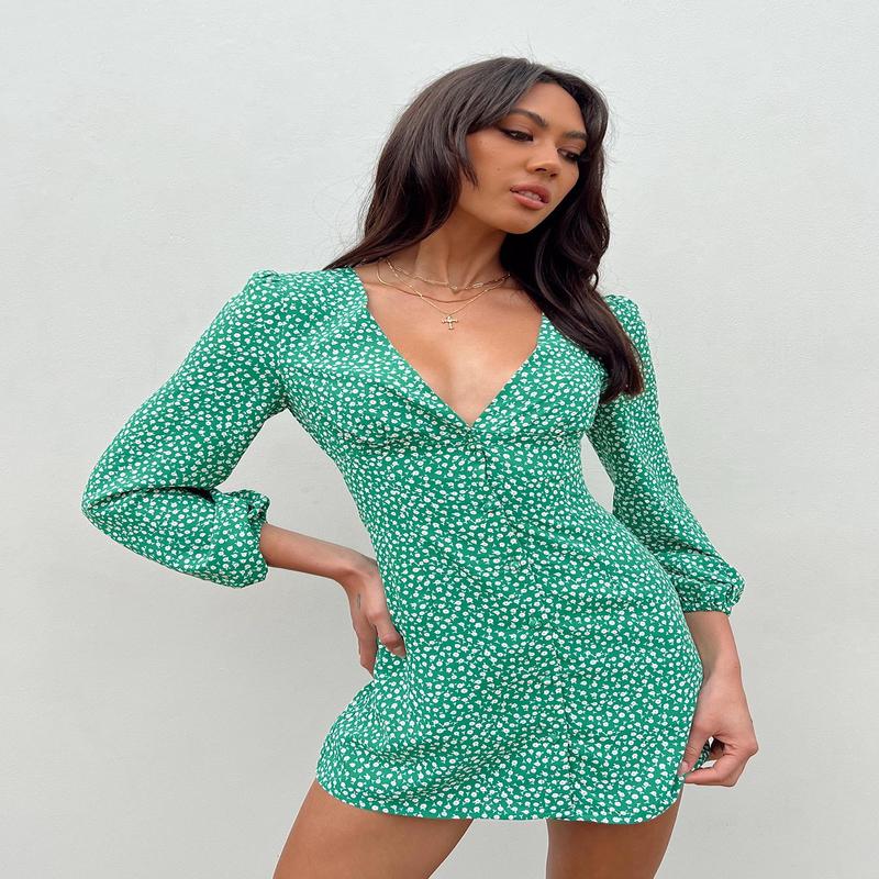 Kiata Long Sleeve Mini Dress Green / Floral