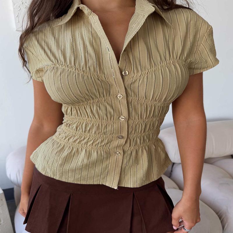 Liesel Shirred Short Sleeve Top Butter Stripe