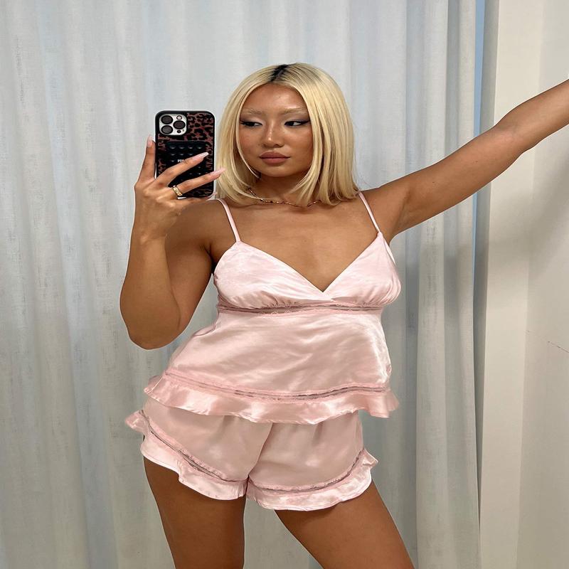 Restful Sleep Satin Frill Set Pale Pink