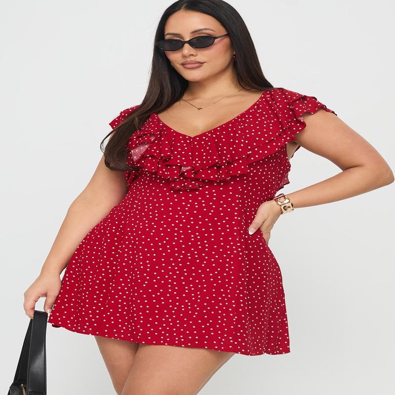 Cherry Schnapps Flutter Mini Dress Red Polka Curve