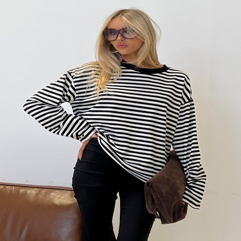 Settle Down Long Sleeve Top Black / White Stripe