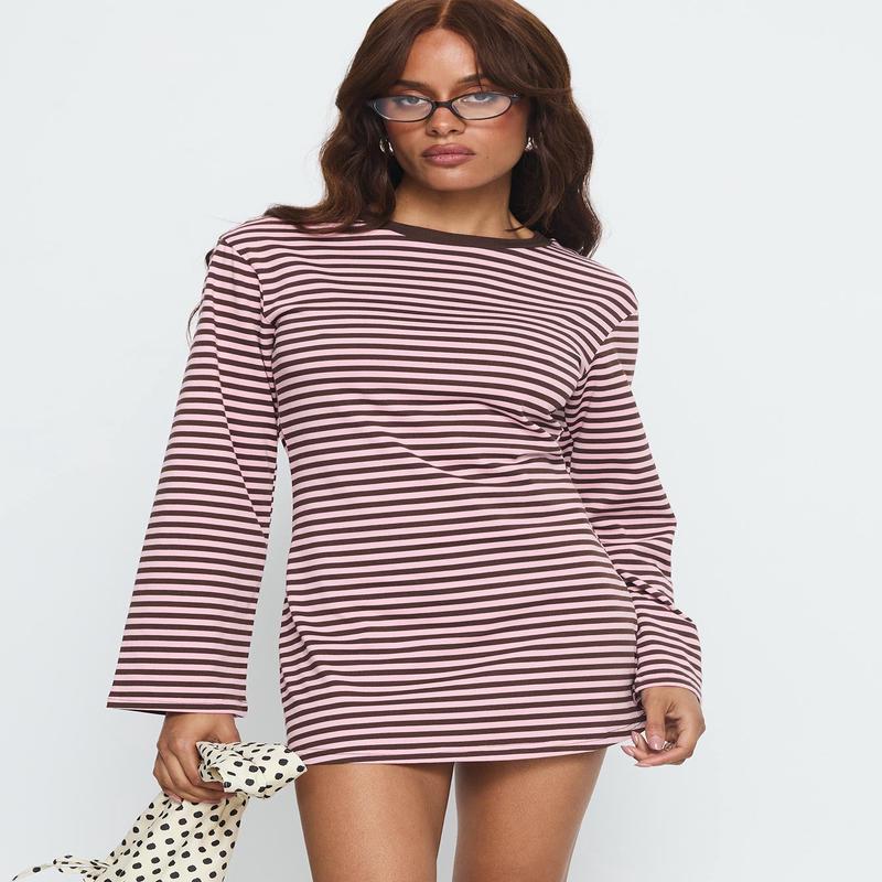 Lulolah Long Sleeve Mini Dress Chocolate / Pink Stripe