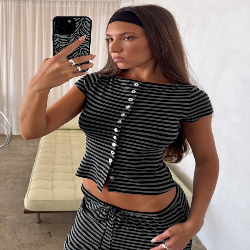 Angellina Jersey Button Down Top Stripe