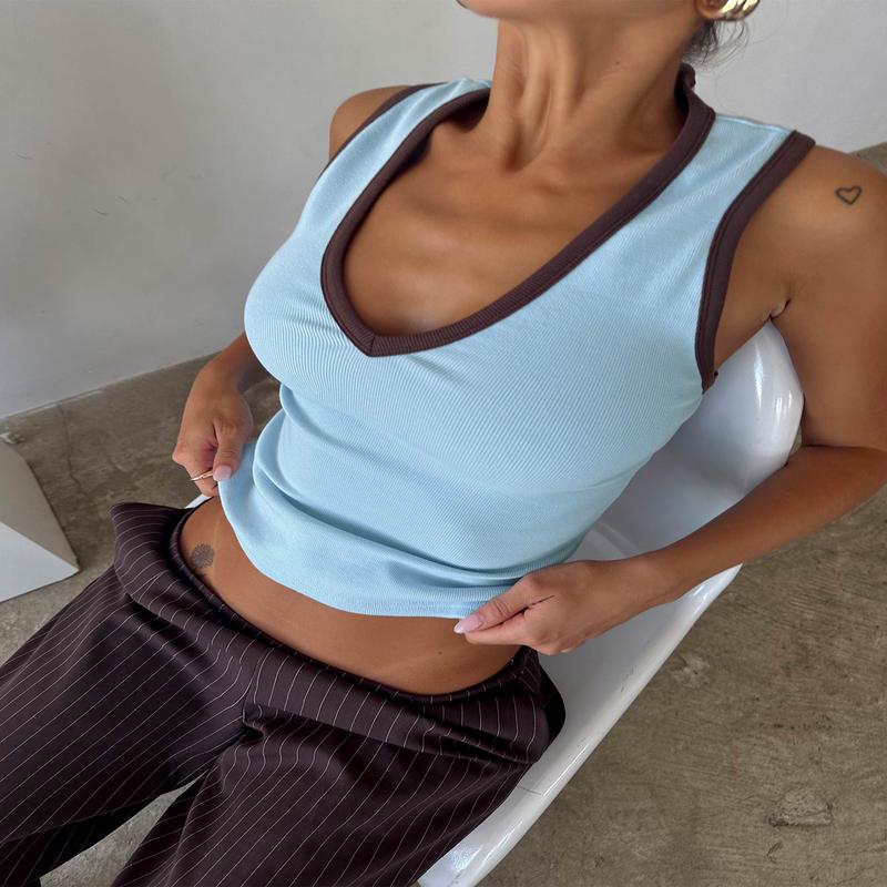 Baseline V Neck Rib Tank Top Blue / Brown