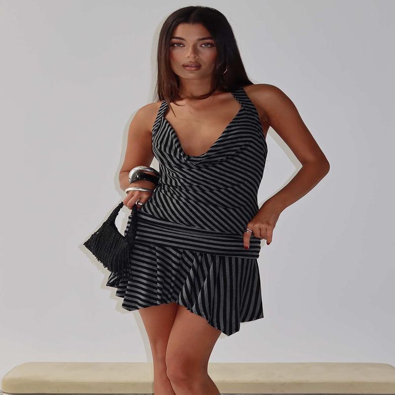 Dyana Cowl Neck Top Grey / Black Stripe