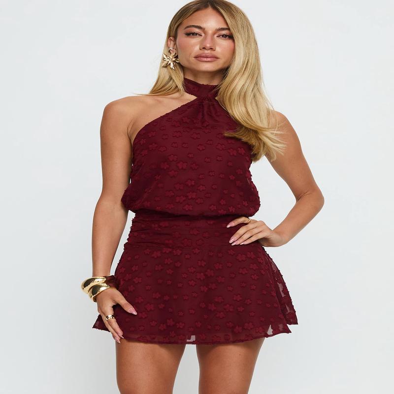 Eurythmic Scarf Halter Mini Dress Burgundy Jacquard