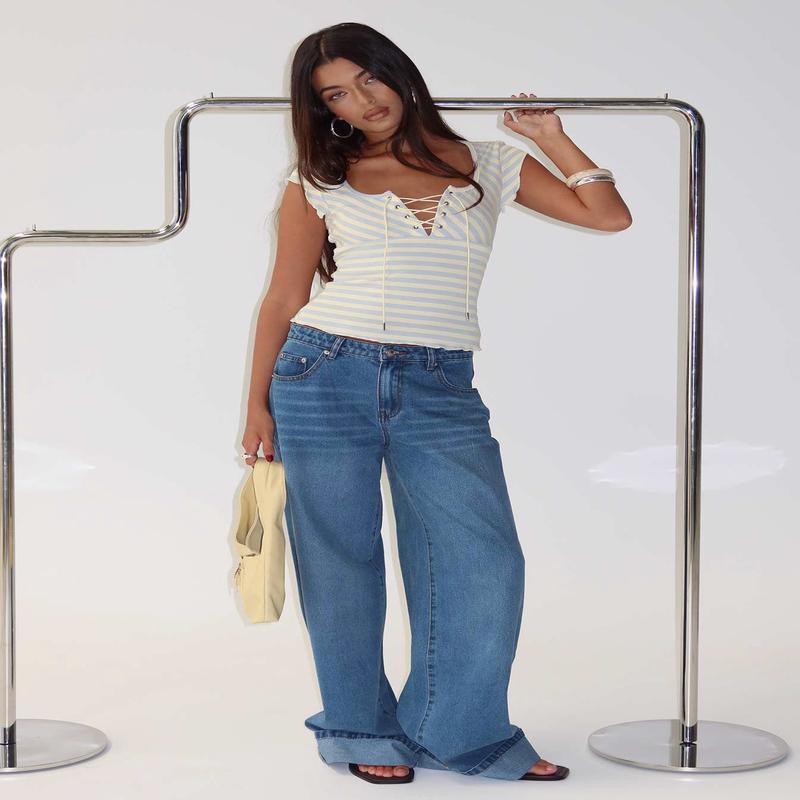 Jacobie Mid Rise Wide Leg Jeans Mid Blue Wash