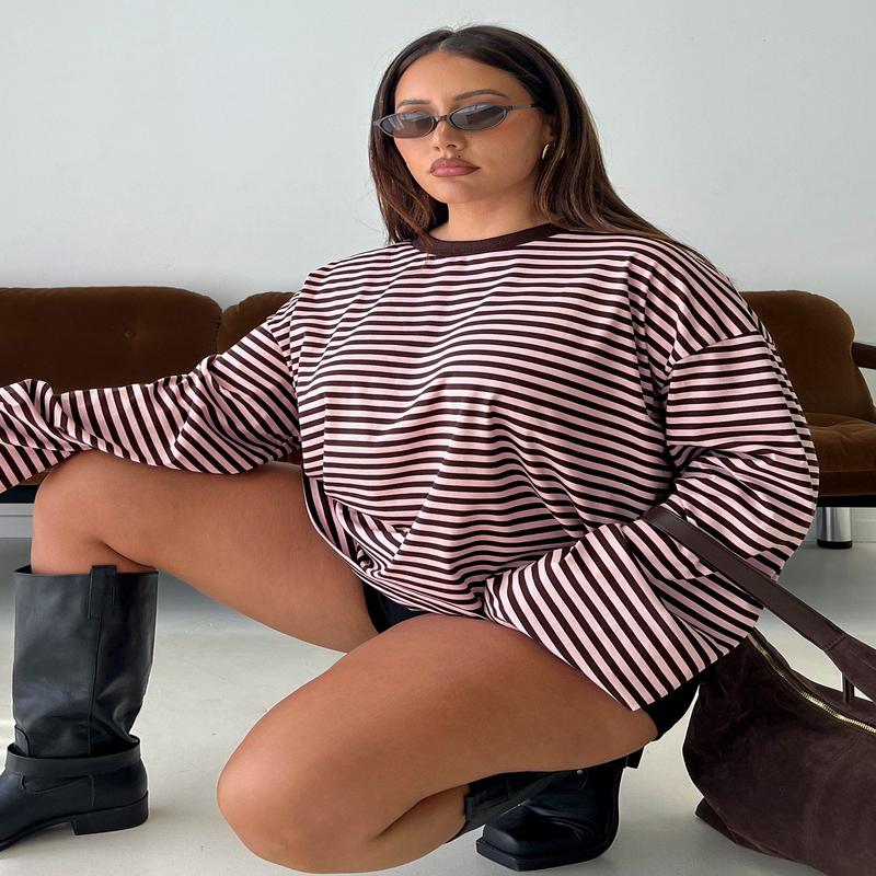 Settle Down Long Sleeve Top Pink / Brown Stripe Curve