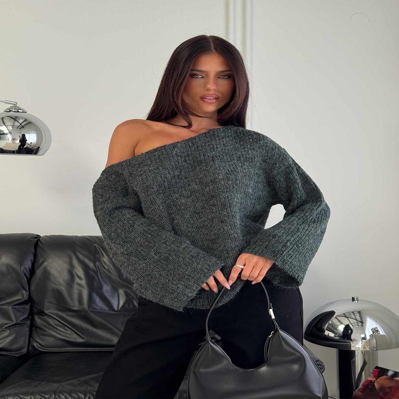 Delyn Off Shoulder Slouchy Knit Sweater Black Marle
