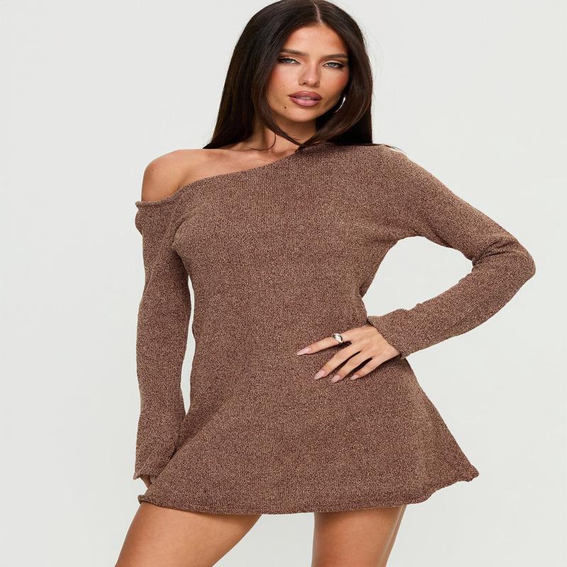 Jaede Off Shoulder Knit Mini Dress Mocha