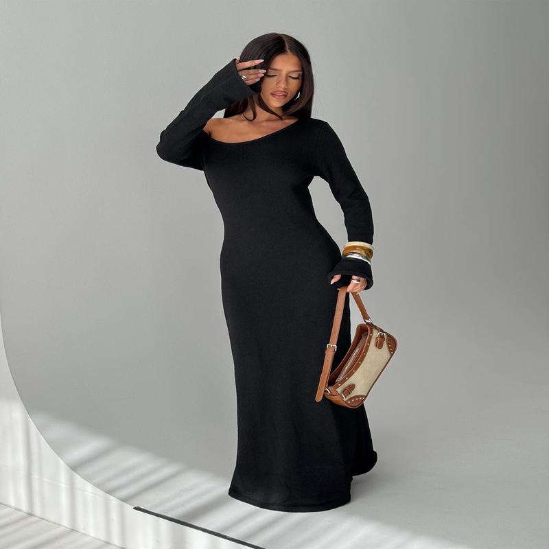 Kloey Long Sleeve Knit Maxi Dress Black