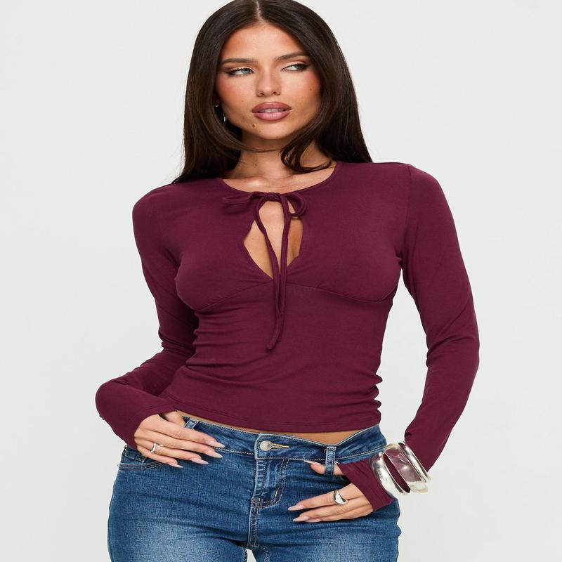 Yubin Keyhole Long Sleeve Jersey Top Deep Purple