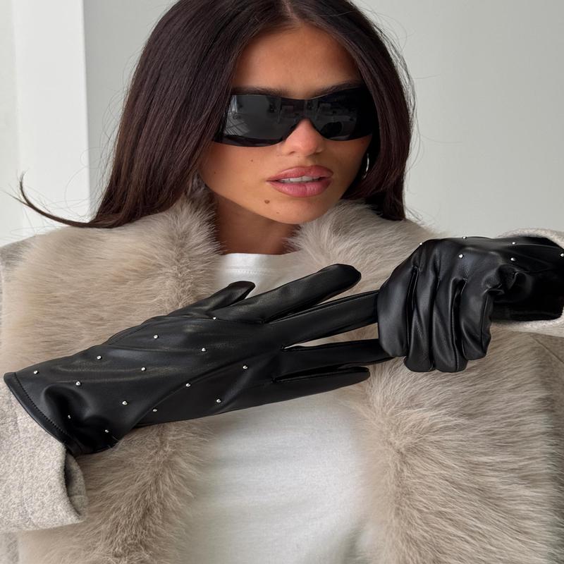 Zaylah Faux Leather Stud Detail Gloves Black