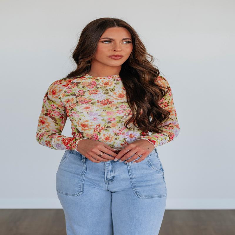 Portia Floral Mesh Top - Cream Mix