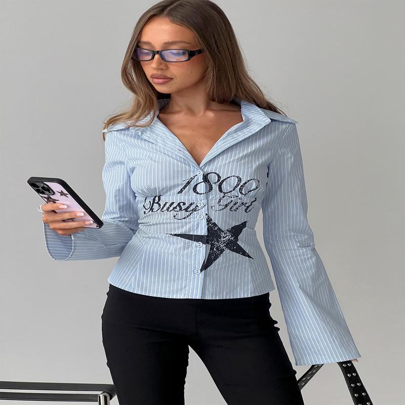 Busy Girl Long Sleeve Collared Top Blue Stripe